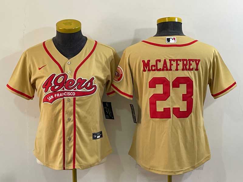 Womens San Francisco 49ers #23 Christian McCaffrey Gold With Patch Cool Base Stitched Baseball Jersey
